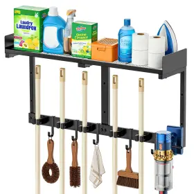 BH-2151 HUFAND Broom Holder Wall Mount Grid Shelf Hooks Vacu BH-2151 HUFAND Broom Holder Wall Mount Grid Shelf Hooks Vacu