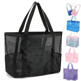Jingweichuangke 01us-mb001-bk01 Mesh Beach Bag Large Tote With Zipper Pocket Toys Pool - Black