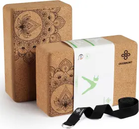 726084425279 OVERMONT Cork Yoga Blocks Pack Strap Set Natural