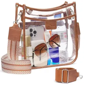 1107-BROWN-A QOECI Pockets Bag Stadium Events Straps Purse