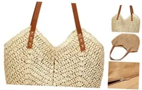 T-JS-BB095-BEIGE TELLRAIN Straw Bags Women Beach Tote Hobo