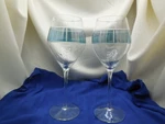 Flashed Blue Band Cut Crystal Wine Glasses Clear Stems 9" Tall Set Of 2 Bar Ware. Fixed Price $13.50.