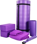 Complete 7-piece Yoga Set With Extra Thick Mat, Blocks, Strap, Towels & Knee Pad. Fixed Price $91.99.
