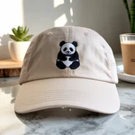 Minimalist Panda In Monochrome On Natural Linen Cap. Fixed Price $20.99.